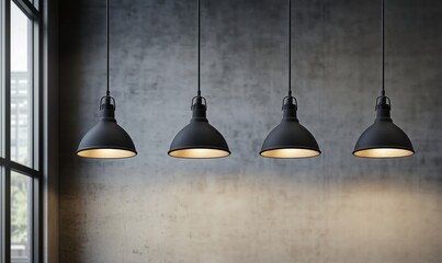 Modern pendant lighting design with four black lamps hanging in a stylish interior space, showcasing industrial aesthetics and warm illumination