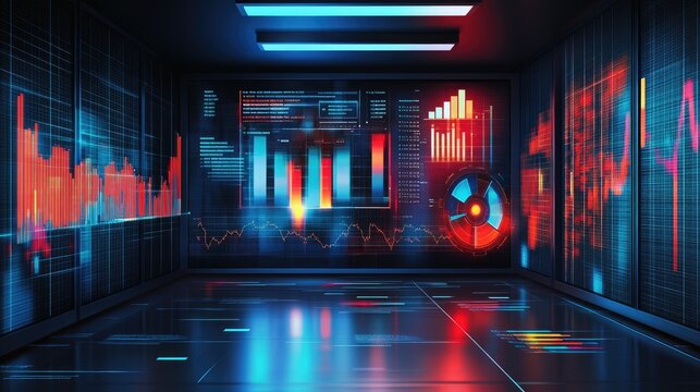 Futuristic room with glowing digital dashboards displaying graphs and data visualizations. Ideal for virtual control centers and data analysis applications. - Powered by Adobe
