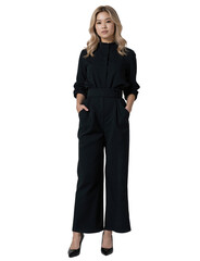 Asian woman with shoulder-length hair, wearing a black blouse and pants, and black ankle boots, standing confidently.