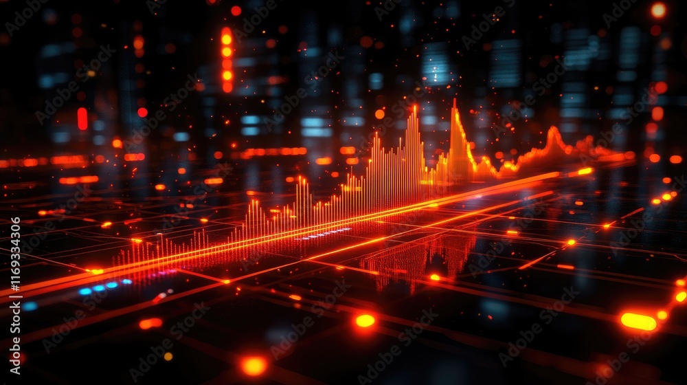 Canvas Prints a vibrant depiction of stock market volatility or data flow with a glowing graph on a futuristic gri