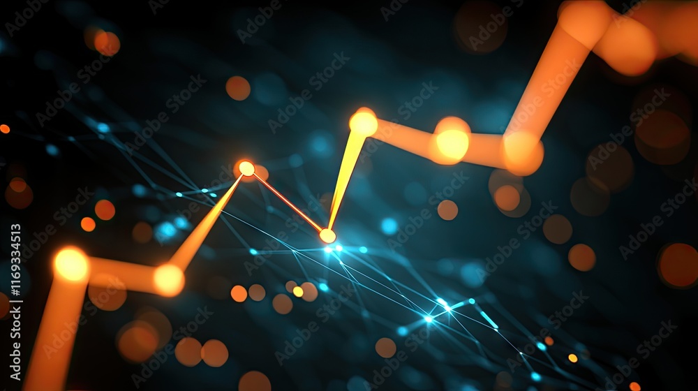 Poster abstract orange and blue interconnected lines and glowing dots on a dark background. perfect for tec