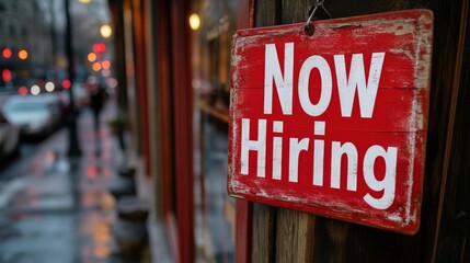 Now Hiring Sign in a Busy City Street