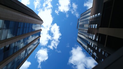 Skyward Gaze: Twin Towers Against a Brilliant Blue Sky