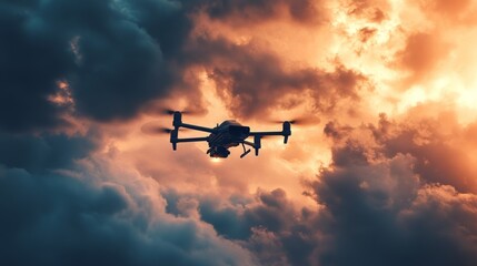 Fototapeta premium Drone Soaring Through Dramatic Sunset Cloudscape: Stunning Aerial Photography
