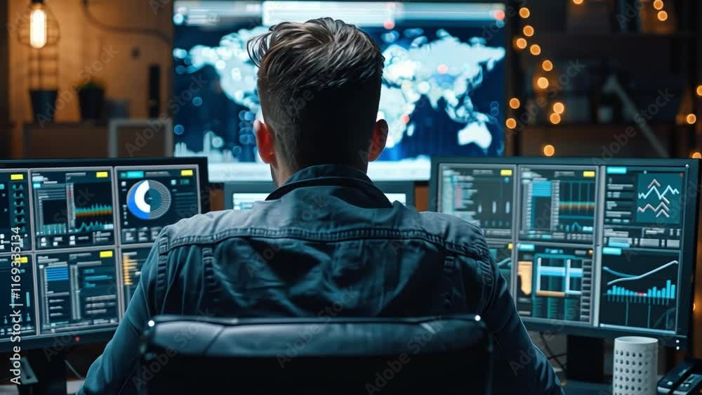 Poster A person sits in a sleek office, focused on multiple computer monitors that showcase dynamic graphs and world maps. Ambient lighting enhances the tech-savvy atmosphere.