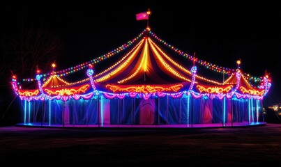 Colorful illuminated circus tent at night with vibrant lights and decorations creating a festive atmosphere