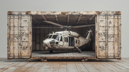 A weathered white helicopter sits inside a rusty shipping container. This image could be used for military, transport, or surreal concepts.