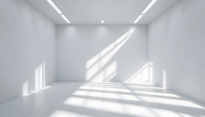 Fototapeta premium A 3D white room with ceiling lights casting stripes of light across space 