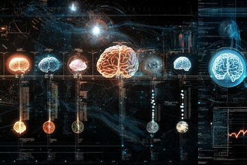 Fototapeta premium Digital brain scans, data streams, and codes.