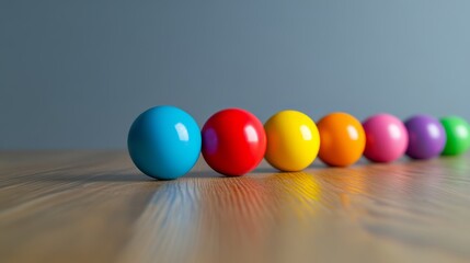 Naklejka premium Colorful Spheres on a Wooden Surface: Vibrant Display of Geometric Shapes