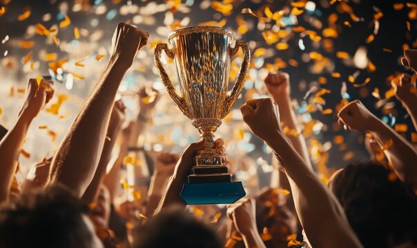 Golden trophy raised; celebrating victory, confetti falls.