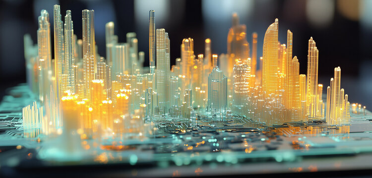 A futuristic nanoscale cityscape built on a microchip, with glowing skyscrapers made of translucent materials. - Powered by Adobe