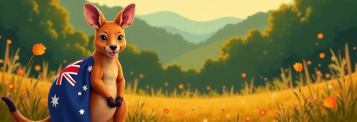 Australia day with kangaroo holding Australian flag on blurred background of Australian nature on bright sunny day. Horizontal illustrated concept of symbol of unity of the state