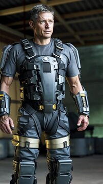 Futuristic soldier in advanced combat armor standing in a high-tech training facility during daylight hours