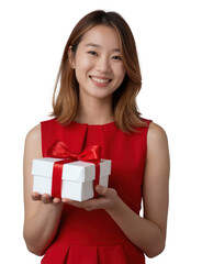 A smiling Asian woman with shoulder-length hair holds a red gift box, wearing a red sleeveless dress.