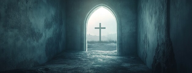 Obraz premium Entrance to a cave, an empty open grave with a cross outside, Easter day concept. An opening in a stone door leading to an outdoor Easter landscape. With copy space.