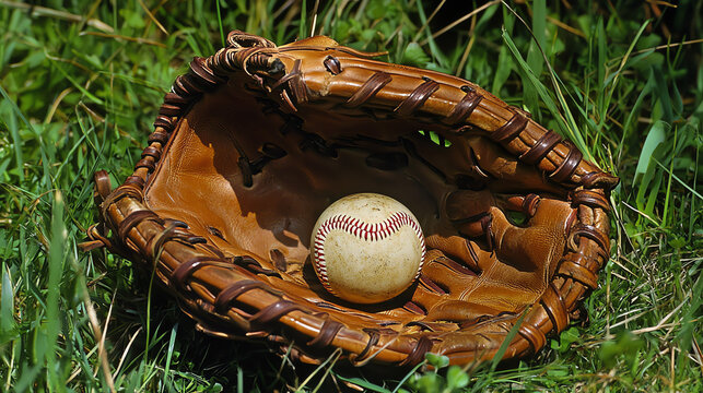 Leather baseball glove rests on grass with baseball at its center during a sunny day in an open field
