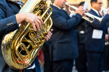 Band musicians with their instruments on the street. Typical music bands in Spain.