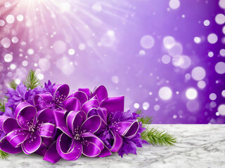 Purple Ribbon Flowers on Marble with Bokeh Background.