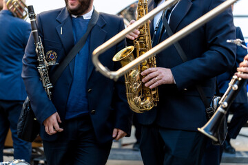 Band musicians with their instruments on the street. Typical music bands in Spain.