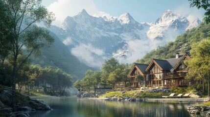 Fototapeta premium Mountain lake house, tranquil setting, serene landscape.