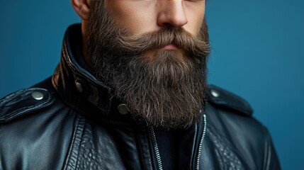 Obraz premium Stylish Bearded Man in Leather Jacket Against Blue Background