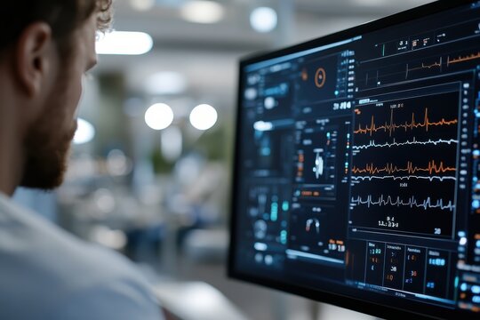 A focused medical professional observes critical health data on a monitor, showcasing the importance of technology in healthcare and patient monitoring during treatment.
