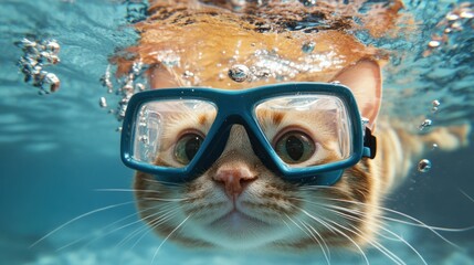 Naklejka premium An Orange Tabby Cat Wearing Swimming Goggles Underwater
