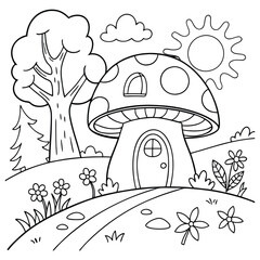 landscape with a mushroom house   antistress  coloring page for children and adults. Illustration isolated on white background