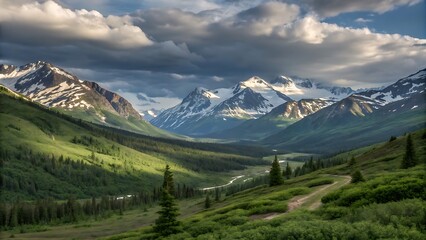 Obraz premium Panoramic view of Bavarian Alps from Wank mountain in Garmisch-Partenkirchen, Germany, The view from the height of the green mountain valley surrounded by high mountains. Snow-capped mountain peaks on