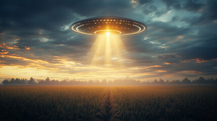 UFO spotting a beam above a rice field