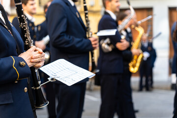 Fototapeta premium Band musicians with their instruments on the street. Typical music bands in Spain.