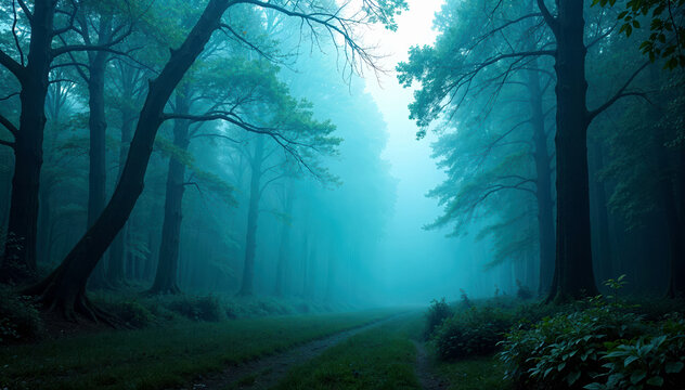 A foggy forest path winding through tall, bare trees with lush green foliage, creating an ethereal, mystical atmosphere