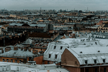 Roof residential building top view, city landscape, modern urban downtown