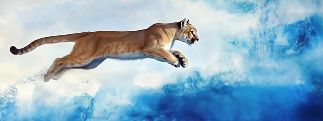 Naklejka premium Un puma bondissant dans les airs, flou de mouvement pour montrer son agilité et sa vitesse, sur un fond d'aquarelle avec des tons bleus et blancs, image avec espace pour texte.