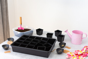 Preparation for spring work in the garden, planting tomato and pepper seeds on seedlings at home, table with plastic containers for seedlings