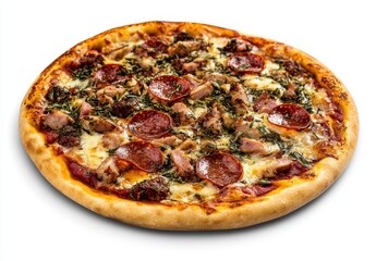 Deliciously Crafted Pepperoni and Meat Pizza Topped with Fresh Herbs, Melted Cheese, and Savory Meats on a Golden Crust for Perfect Leisure Moments
