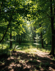 Obraz premium A lush, green forest with tall trees and a dirt path leading through the middle. The sunlight filters through the leaves, creating a warm, natural atmosphere