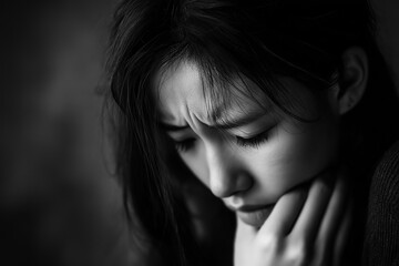 Fototapeta premium A striking portrait captures a young woman in emotional distress, deep in thought and pain.