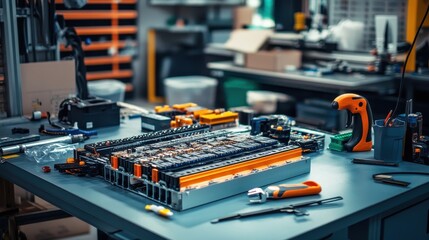 Close-up of dismantled electric vehicle battery modules placed on a workbench, with tools and safety gear nearby