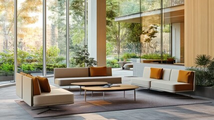 Fototapeta premium A modern lounge space with soft seating, a coffee table, and a tranquil environment for work breaks.