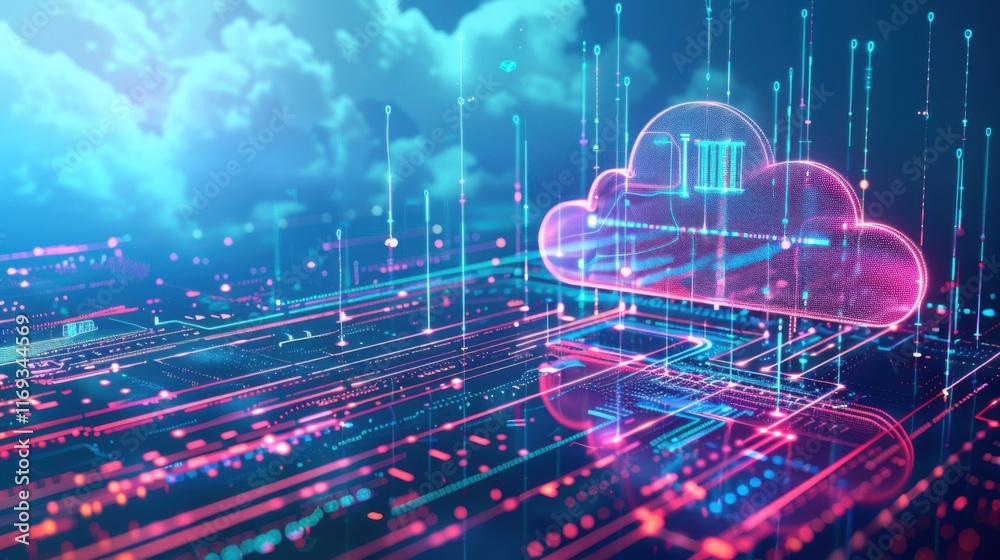 Poster Technology networking and digital communication in business with cloud computing concept web storage for data global social media ai server online binary illustration background modern futuristic