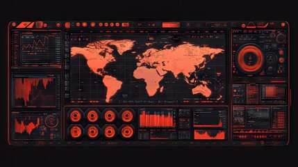 A futuristic heads-up display with a world map and various data visualizations. Ideal for sci-fi interfaces, cybersecurity dashboards, or data analysis tools.