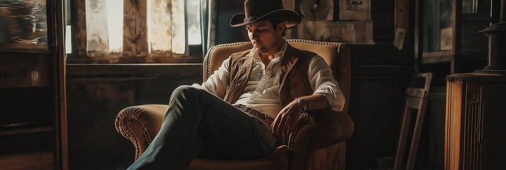 A contemplative cowboy, lost in thought, seated in a rustic, vintage armchair.