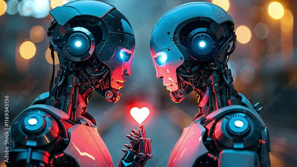 Leinwandbilder two humanoid robots stand facing each other in a lively city atmosphere, each holding a glowing hear