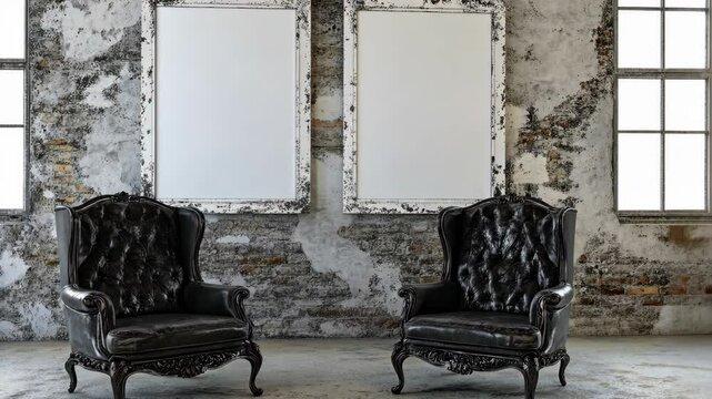 Two elegant black armchairs in a rustic interior with empty frames on weathered walls