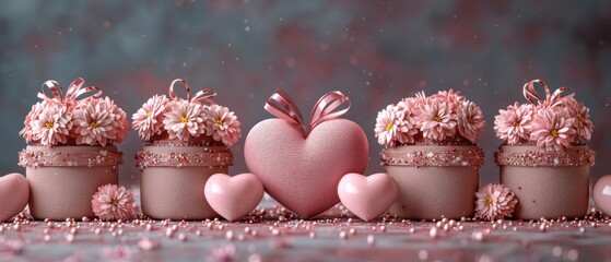 A decorative arrangement of pink flowers, hearts, and pots, perfect for celebrations.