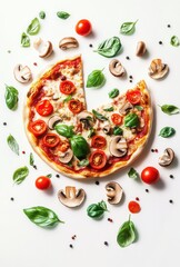 Deliciously Crafted Vegetarian Pizza with Fresh Tomatoes, Mushrooms, Basil Leaves, and Spices Artistically Arranged for Food Photography Presentation