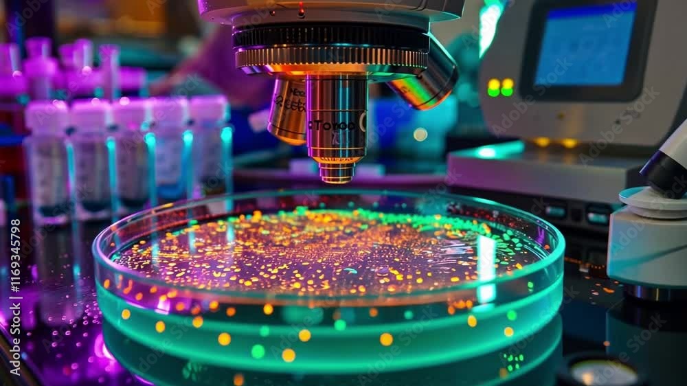 Aufkleber brightly colored samples are observed under a microscope in a lab dedicated to stem cell research. r