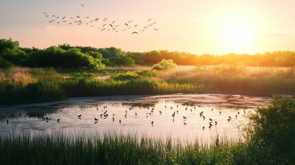 Sunset marsh scene; birds fly, birds rest.
